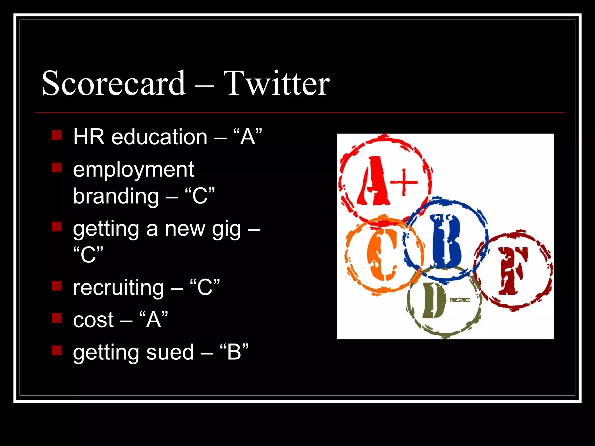 Scorecard – Twitter HR education – “A” employment branding – “C” getting a new gig – “C” recruiting – “C” cost – “A” getting sued – “B”  
