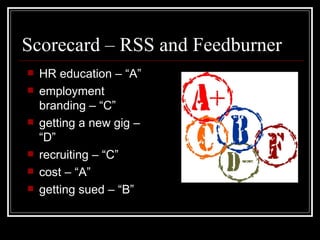 Scorecard – RSS and Feedburner HR education – “A” employment branding – “C” getting a new gig – “D” recruiting – “C” cost – “A” getting sued – “B”  