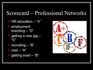 Scorecard – Professional Networks HR education – “A” employment branding – “D” getting a new gig – “C” recruiting – “B” cost – “A” getting sued – “B”  