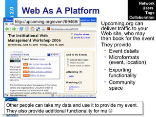 Upcoming.org can deliver traffic to your Web site, who may then book for the event They provide Event details Microformats (event, location) Web As A Platform  Exporting functionality Community space Web 2.0 http://upcoming.org/event/69469/ Other people can take my data and use it to provide my event. They also provide additional functionality for me   Network Users   Tags Collaboration 