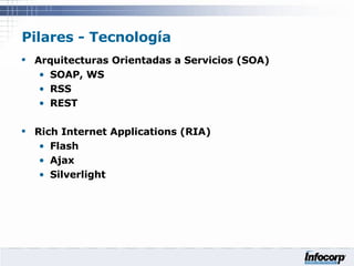 Pilares - Tecnología <ul><li>Arquitecturas Orientadas a Servicios (SOA) </li></ul><ul><ul><li>SOAP, WS </li></ul></ul><ul>...