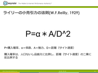 ライリーの⼩小売引⼒力力の法則(W.F.Reilly, 1929)
2013年 7月 5日 53©2013 Keynote Systems, Inc.
P=α＊A/D^2
P=購⼊入確率率率、α＝係数、A＝魅⼒力力、D＝距離離（サイト速度度）
購⼊入確率率率は、⼈人⼝口ないし品揃えに⽐比例例し、距離離（サイト速度度）の⼆二乗に
反⽐比例例する
 