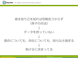 彼を知り⼰己を知れば百戦危うからず
（孫⼦子の兵法）
↓
データを持っていない
↓
競合についても、⾃自社についても、知らなさ過ぎる
↓
負けるに決まってる
©2013 Keynote Systems, Inc.

2013年 11月 7日

176

 
