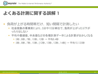 よくある計測に関する誤解  1
§  負荷が上がる時間帯だけ、短い間隔で計測したい
§  社会現象の冪乗則により、5分や10分単位で、負荷が上がったり下が
ったりはしない
§  平均や最頻値、中央値などの各種計測データによる計算がおかしくなる
§  5秒、8秒、7秒、10秒、12秒 → 平均8.4秒
§  5秒、8秒、7秒、10秒、[12秒、13秒、12秒、14秒] → 平均10.125秒

©2013 Keynote Systems, Inc.

2013年 11月 7日

42

 
