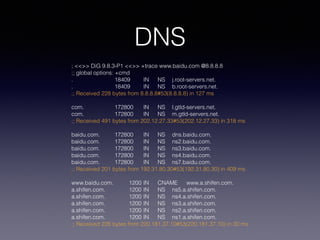 DNS
!
; <<>> DiG 9.8.3-P1 <<>> +trace www.baidu.com @8.8.8.8
;; global options: +cmd
. 18409 IN NS j.root-servers.net.
. 18409 IN NS b.root-servers.net.
;; Received 228 bytes from 8.8.8.8#53(8.8.8.8) in 127 ms
!
com. 172800 IN NS l.gtld-servers.net.
com. 172800 IN NS m.gtld-servers.net.
;; Received 491 bytes from 202.12.27.33#53(202.12.27.33) in 318 ms
!
baidu.com. 172800 IN NS dns.baidu.com.
baidu.com. 172800 IN NS ns2.baidu.com.
baidu.com. 172800 IN NS ns3.baidu.com.
baidu.com. 172800 IN NS ns4.baidu.com.
baidu.com. 172800 IN NS ns7.baidu.com.
;; Received 201 bytes from 192.31.80.30#53(192.31.80.30) in 409 ms
!
www.baidu.com. 1200 IN CNAME www.a.shifen.com.
a.shifen.com. 1200 IN NS ns5.a.shifen.com.
a.shifen.com. 1200 IN NS ns4.a.shifen.com.
a.shifen.com. 1200 IN NS ns3.a.shifen.com.
a.shifen.com. 1200 IN NS ns2.a.shifen.com.
a.shifen.com. 1200 IN NS ns1.a.shifen.com.
;; Received 228 bytes from 220.181.37.10#53(220.181.37.10) in 30 ms
 