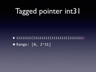 Tagged pointer int31
•iiiiiiii|iiiiiiii|iiiiiiii|iiiiiii1	
  
•Range:	
  [0,	
  2^31]
 