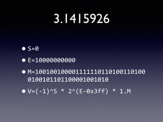 3.1415926
•S=0	
  
•E=10000000000	
  
•M=100100100001111110110100110100
0100101101100001001010	
  
•V=(-­‐1)^S	
  *	
  2^(E-­‐0x3ff)	
  *	
  1.M
 