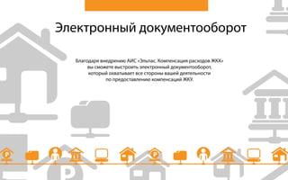 Электронный документооборот
Благодаря внедрению АИС «Эльпас. Компенсация расходов ЖКХ»
вы сможете выстроить электронный документооборот,
который охватывает все стороны вашей деятельности
по предоставлению компенсаций ЖКУ.
 