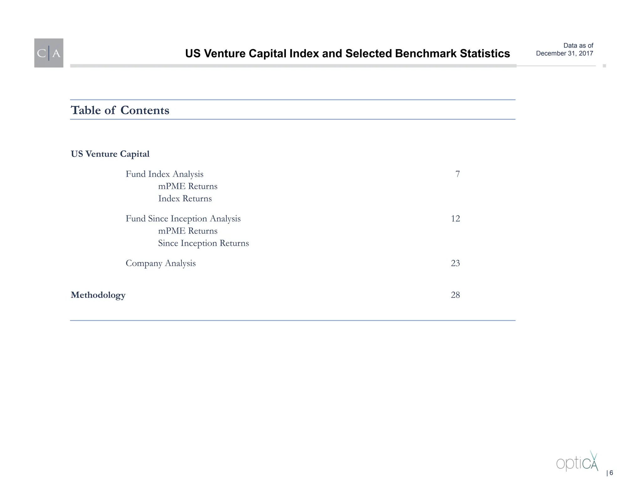 Data as of
December 31, 2017
US Venture Capital Index and Selected Benchmark Statistics
Table of Contents
US Venture Capital
Fund Index Analysis 7
mPME Returns
Index Returns
Fund Since Inception Analysis 12
mPME Returns
Since Inception Returns
Company Analysis 23
Methodology 28
| 6
 