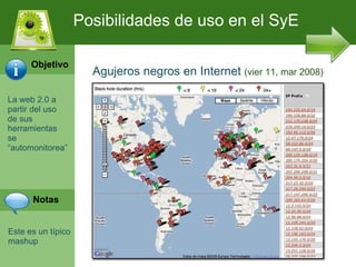La web 2.0 a partir del uso de sus herramientas se “automonitorea” Este es un t ípico mashup Posibilidades de uso en el SyE Objetivo Notas Agujeros negros en Internet   (vier 11, mar 2008) 