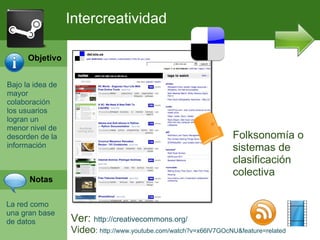 Intercreatividad

      Objetivo


Bajo la idea de
mayor
colaboración
los usuarios
logran un
menor nivel de
desorden de la                                                    Folksonomía o
información                                                       sistemas de
                                                                  clasificación
                                                                  colectiva
      Notas

La red como
una gran base
de datos          Ver: http://creativecommons.org/
                  Video: http://www.youtube.com/watch?v=x66lV7GOcNU&feature=related
 