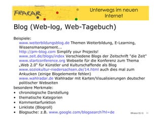 Beispiele: www.weiterbildungsblog.de  Themen Weiterbildung, E-Learning, Wissensmanagement... http://pm-blog.com  Simplify your Projects! www.zeit.de/blogs/index  Verschiedene Blogs der Zeitschrift "die Zeit" www.startconference.org  Webseite für die Konferenz zum Thema  „Web 2.0“ für Künstler und Kulturschaffende als Blog www.soziokultur-niedersachsen.de/14.html  auch dies mal zum Ankucken (einige Blogelemente fehlen) www.wahlradar.de  Wahlradar mit Karten/Visualisierungen deutscher politischer Webseiten besondere Merkmale: chronologische Darstellung  thematische Kategorien  Kommentarfunktion  Linkliste (Blogroll)  Blogsuche: z.B.  www.google.com/blogsearch?hl=de Blog (Web-log, Web-Tagebuch)‏ 