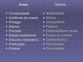 Depois Simplicidade Nichos Compartilhar Publicar Disponibilidade rápida Ediçao do usuário Opinião franca Participação Comunidade Antes Complexidade Audiência de massa Proteger Assinar Precisão Edição profissional Discurso corporativo Publicação Produto 