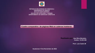REPUBLICA BOLIVARIANA DE VENEZUELA
UNIVERSIDAD DE ORIENTE
NUCLEO NUEVA ESPARTA
ESCUELA DE HOTELERÍA Y TURISMO
DEPARTAMENTO DE SERVICIOS TURISTICOS
Cuadro comparativo de pàginas Web en cadenas hoteleras
Realizado por: Ana Olivo Montaño.
Cedula :19.593.396
Prof.: Luis Castro M.
Guatamare 10 de Noviembre de 2022
 