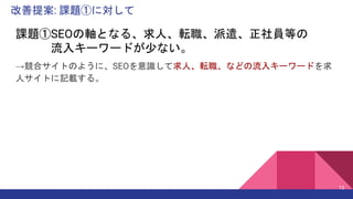 改善提案: 課題①に対して
13
→競合サイトのように、SEOを意識して求人、転職、などの流入キーワードを求
人サイトに記載する。
課題①SEOの軸となる、求人、転職、派遣、正社員等の
流入キーワードが少ない。
 