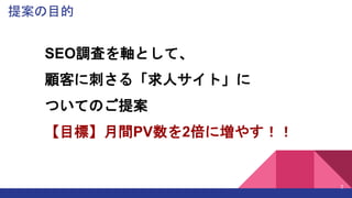 提案の目的
2
SEO調査を軸として、
顧客に刺さる「求人サイト」に
ついてのご提案
【目標】月間PV数を2倍に増やす！！
 