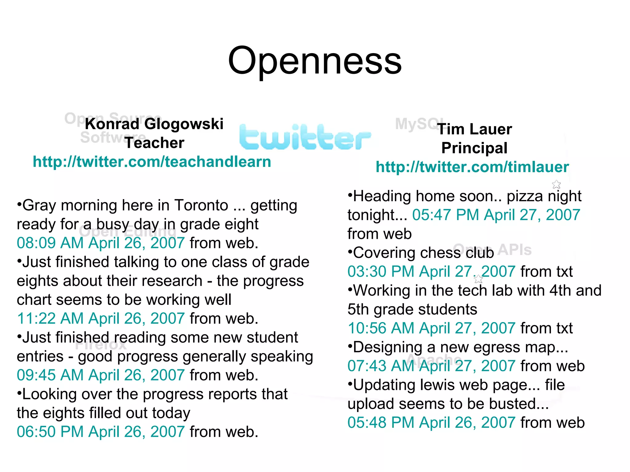 Openness Konrad Glogowski Teacher http:// twitter.com/teachandlearn   Gray morning here in Toronto ... getting ready for a busy day in grade eight  08:09 AM April 26, 2007  from web.  Just finished talking to one class of grade eights about their research - the progress chart seems to be working well  11:22 AM April 26, 2007  from web.  Just finished reading some new student entries - good progress generally speaking  09:45 AM April 26, 2007  from web.      Looking over the progress reports that the eights filled out today  06:50 PM April 26, 2007  from web.   Tim Lauer Principal http:// twitter.com/timlauer   Open Source Software Open APIs Firefox Apache MySQL Open Editing Heading home soon.. pizza night tonight...  05:47 PM April 27, 2007  from web Covering chess club  03:30 PM April 27, 2007  from txt    Working in the tech lab with 4th and 5th grade students  10:56 AM April 27, 2007  from txt Designing a new egress map...  07:43 AM April 27, 2007  from web   Updating lewis web page... file upload seems to be busted...  05:48 PM April 26, 2007  from web  