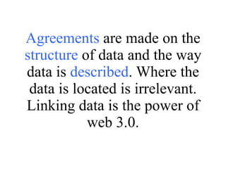 Agreements  are made on the  structure  of data and the way data is  described . Where the data is located is irrelevant. Linking data is the power of web 3.0. 