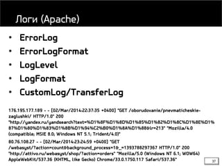 37
• ErrorLog
• ErrorLogFormat
• LogLevel
• LogFormat
• CustomLog/TransferLog
176.195.177.189 - - [02/Mar/2014:22:37:35 +0400] "GET /oborudovanie/pnevmaticheskie-
zaglushki/ HTTP/1.0" 200
"http://yandex.ru/yandsearch?text=%D1%8F%D1%8D%D1%85%D1%82%D1%8C%D1%8E%D1%
87%D1%80%D1%83%D1%8B%D1%94%C2%B0%D1%8A%D1%88&lr=213" "Mozilla/4.0
(compatible; MSIE 8.0; Windows NT 5.1; Trident/4.0)"
80.76.108.27 - - [02/Mar/2014:23:24:59 +0400] "GET
/webasyst/?action=count&background_process=1&_=1393788297367 HTTP/1.0" 200
"http://attivo.ru/webasyst/shop/?action=orders" "Mozilla/5.0 (Windows NT 6.1; WOW64)
AppleWebKit/537.36 (KHTML, like Gecko) Chrome/33.0.1750.117 Safari/537.36"
Логи (Apache)
 