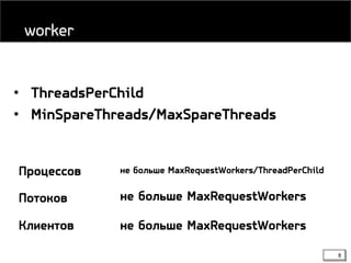 8
• ThreadsPerChild
• MinSpareThreads/MaxSpareThreads
worker
Процессов не больше MaxRequestWorkers/ThreadPerChild
Потоков не больше MaxRequestWorkers
Клиентов не больше MaxRequestWorkers
 