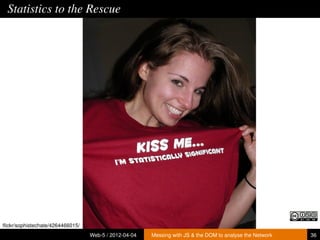 Statistics to the Rescue




ﬂickr/sophistechate/4264466015/
                                  Web-5 / 2012-04-04   Messing with JS & the DOM to analyse the Network   36
 