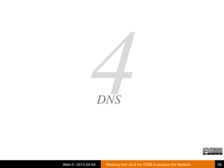 4     DNS



Web-5 / 2012-04-04    Messing with JS & the DOM to analyse the Network   39
 