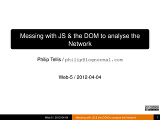 Messing with JS & the DOM to analyse the
                Network

     Philip Tellis / philip@lognormal.com


                  Web-5 / 2012-04-04




        Web-5 / 2012-04-04   Messing with JS & the DOM to analyse the Network   7
 