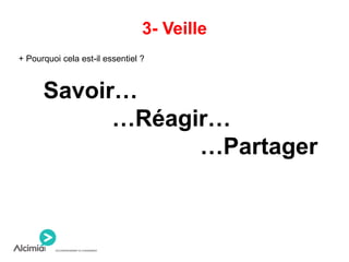 3- Veille
+ Pourquoi cela est-il essentiel ?
Savoir…
…Réagir…
…Partager
 