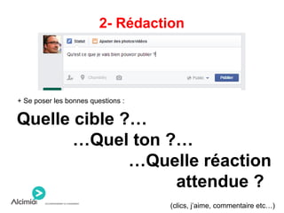 2- Rédaction
+ Se poser les bonnes questions :
Quelle cible ?…
…Quel ton ?…
…Quelle réaction
attendue ?
(clics, j’aime, commentaire etc…)
 