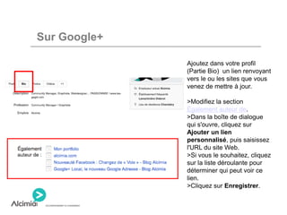 Sur Google+
Ajoutez dans votre profil
(Partie Bio) un lien renvoyant
vers le ou les sites que vous
venez de mettre à jour.
>Modifiez la section
Également auteur de.
>Dans la boîte de dialogue
qui s'ouvre, cliquez sur
Ajouter un lien
personnalisé, puis saisissez
l'URL du site Web.
>Si vous le souhaitez, cliquez
sur la liste déroulante pour
déterminer qui peut voir ce
lien.
>Cliquez sur Enregistrer.
 