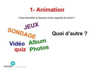 1- Animation
Il faut diversifier le discours et les supports de comm’ !
Vidéo
Quoi d’autre ?
quiz
 