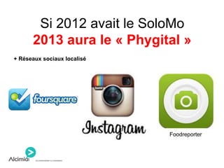 Si 2012 avait le SoloMo
2013 aura le « Phygital »
+ Réseaux sociaux localisé
Foodreporter
 