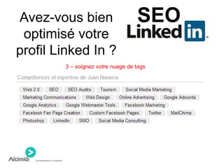 Avez-vous bien
optimisé votre
profil Linked In ?
3 – soignez votre nuage de tags
SEO
 