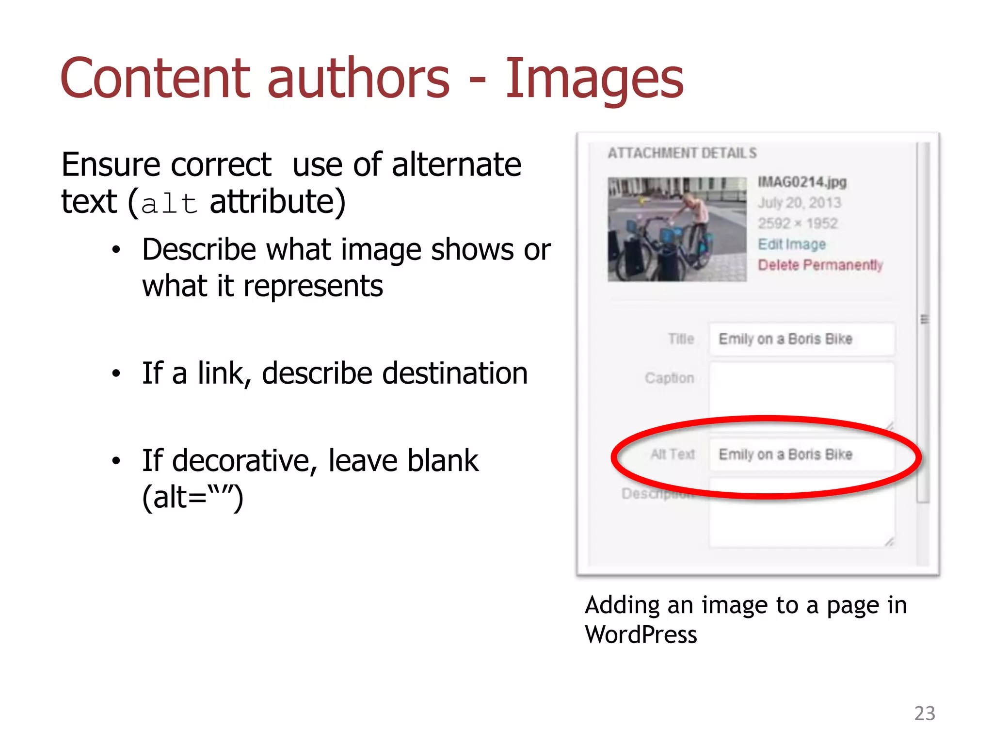 Content authors - Images
Ensure correct use of alternate
text (alt attribute)
• Describe what image shows or
what it represents
• If a link, describe destination
• If decorative, leave blank
(alt=“”)

Adding an image to a page in
WordPress
23

 