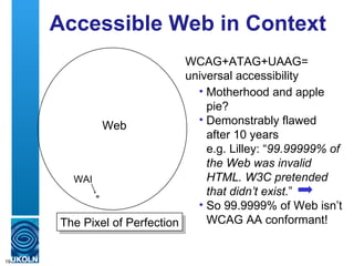 Accessible Web in Context Web WCAG+ATAG+UAAG= universal accessibility The Pixel of Perfection WAI <ul><ul><li>Motherhood a...