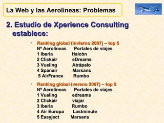 2. Estudio de Xperience Consulting establece: Ranking global (invierno 2007) – top 5 Nº Aerolíneas      Portales de viajes 1 Iberia               Halcón  2 Clickair            eDreams 3 Vueling            Atrápalo 4 Spanair            Marsans  5 AirFrance        Rumbo Ranking global (verano 2007) – top 5 Nº Aerolíneas      Portales de viajes 1 Vueling            edreams 2 Clickair            viajar 3 Iberia               Rumbo 4 Air Europa       Lastminute 5 Easyject         Marsans La Web y las Aerolíneas: Problemas  