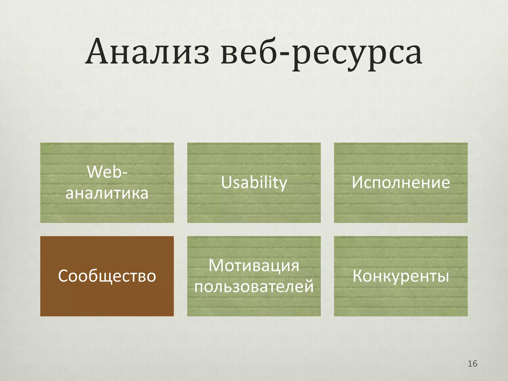 Анализ веб-ресурса

  Web-
               Usability     Исполнение
аналитика


              Мотивация
Сообщество                   Конкуренты
             пользователей


                                          16
 