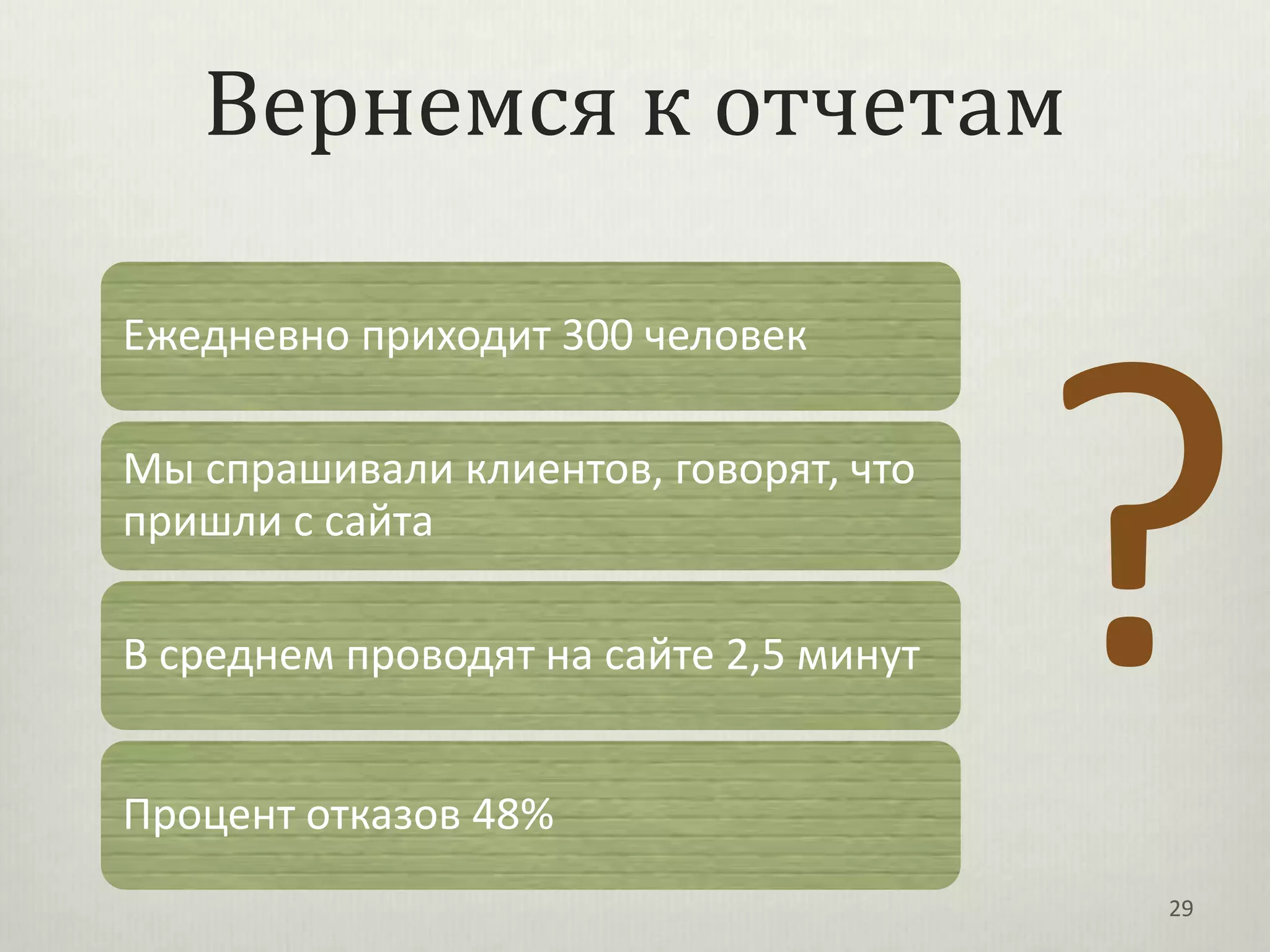 Вернемся к отчетам

Ежедневно приходит 300 человек

Мы спрашивали клиентов, говорят, что
пришли с сайта

В среднем проводят на сайте 2,5 минут


Процент отказов 48%
                                        29
 
