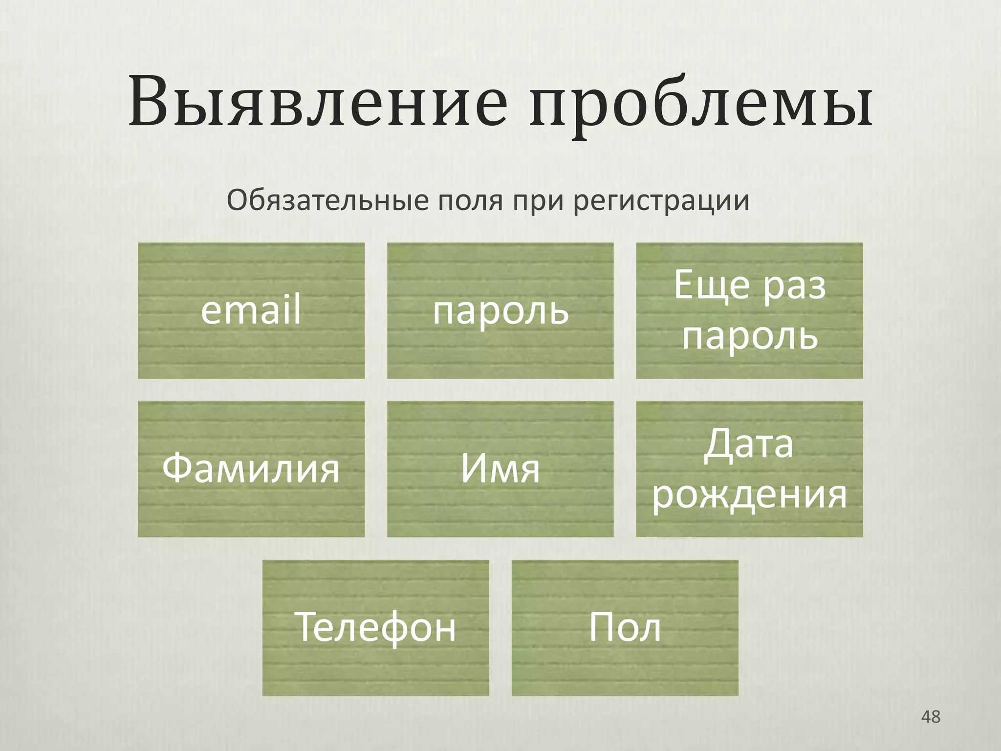 Выявление проблемы
  Обязательные поля при регистрации

                              Еще раз
 email        пароль
                              пароль

                              Дата
Фамилия         Имя
                            рождения

      Телефон           Пол
                                        48
 