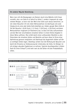 Ein anderer Weg der Berechnung


  Wenn man sich die Bewegungen von Nutzern durch eine Website nicht linear
  vorstellt, also: von Seite A zu Seite B zu Seite C, sondern insgesamt als unge-
  ordnete Mengen, so kann man den Wert einer Seite auch daraus berechnen, an
  wie vielen Besuchen mit wie vielen Wertzuwächsen sie überhaupt und unab-
  hängig ob als erste oder letzte Seite beteiligt war. Anders gesagt: Wenn Seite A
  Teil der Besuche 1 (0,05 Euro), 2 (1 Euro), 3 (20 Euro), 4 (50 Euro) und deren
  Wertzuwächsen insgesamt (in Klammern) war, so lässt sich dies aufsummieren
  und der Wert der verschiedenen einzelnen Seiten in einem Online-Angebot in
  dieser Weise auflisten. Man erhält damit einen umfassenden Überblick zu den
  Potenzialen der einzelnen Seiten und Bereiche und kann diese im Sinne einer
  Optimierung genauer analysieren und überhaupt das Augenmerk stärker auf die-
  se wichtigen Seiten legen. Allerdings verliert man die Richtung der Besucher und
  damit die Hinweise zur Verbesserung der Linkstruktur der Seite. Im Übrigen ist
  mit einigen absurden Ergebnissen zu rechnen: Typische Ausstiegsseiten („Vielen
  Dank für Ihren Einkauf“) sind mehr wert als die Seiten mit den Produktdetails
  selbst.




Abbildung 2: Ein Browser Overlay mit monetären Werten




                               Kapitel 2: Kennzahlen – Gemacht, um zu handeln   | 55
 