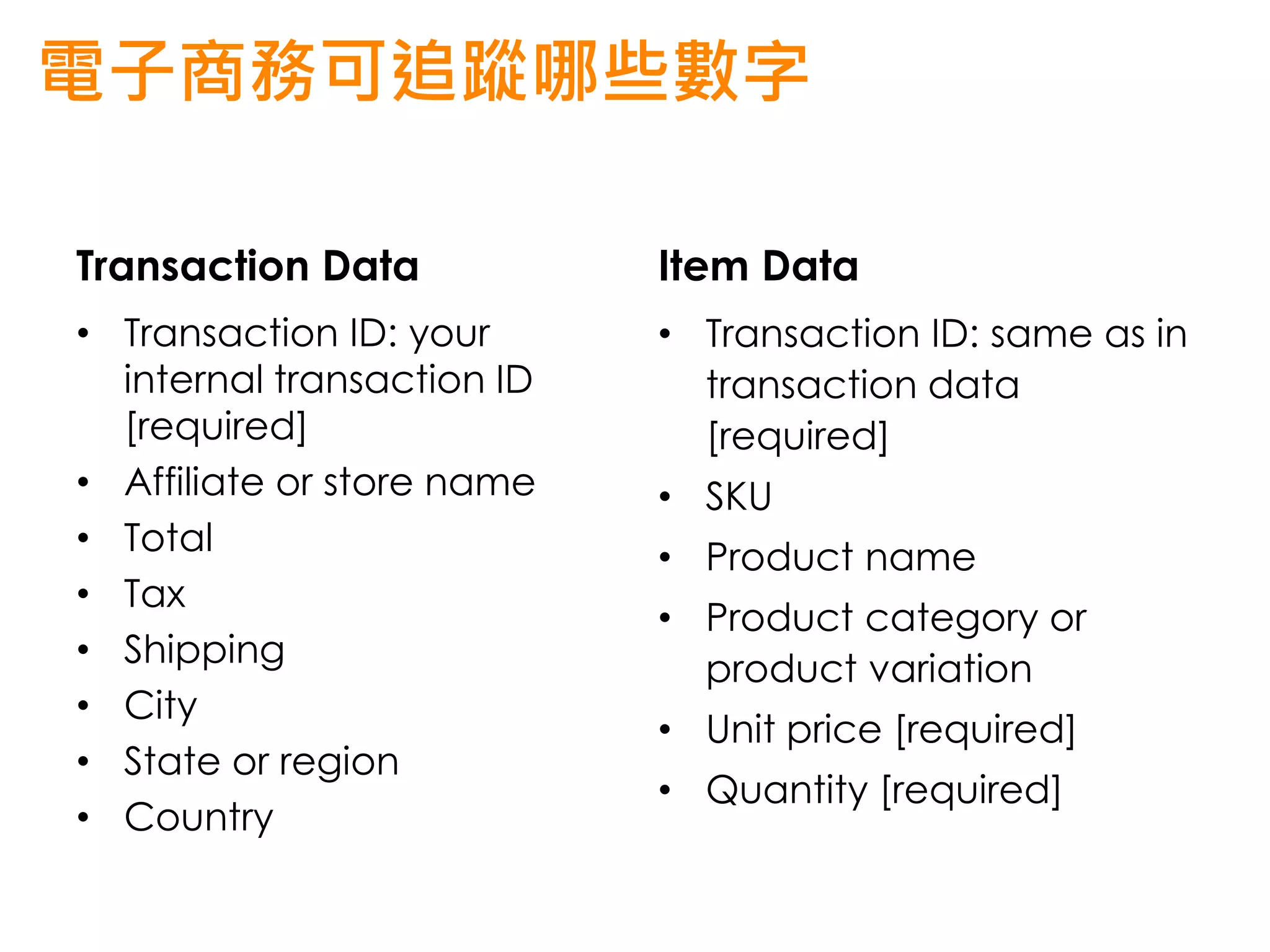 電子商務可追蹤哪些數字

Transaction Data            Item Data
• Transaction ID: your      • Transaction ID: same as in
  internal transaction ID     transaction data
  [required]                  [required]
• Affiliate or store name   • SKU
• Total                     • Product name
• Tax
                            • Product category or
• Shipping                    product variation
• City
                            • Unit price [required]
• State or region
                            • Quantity [required]
• Country
 