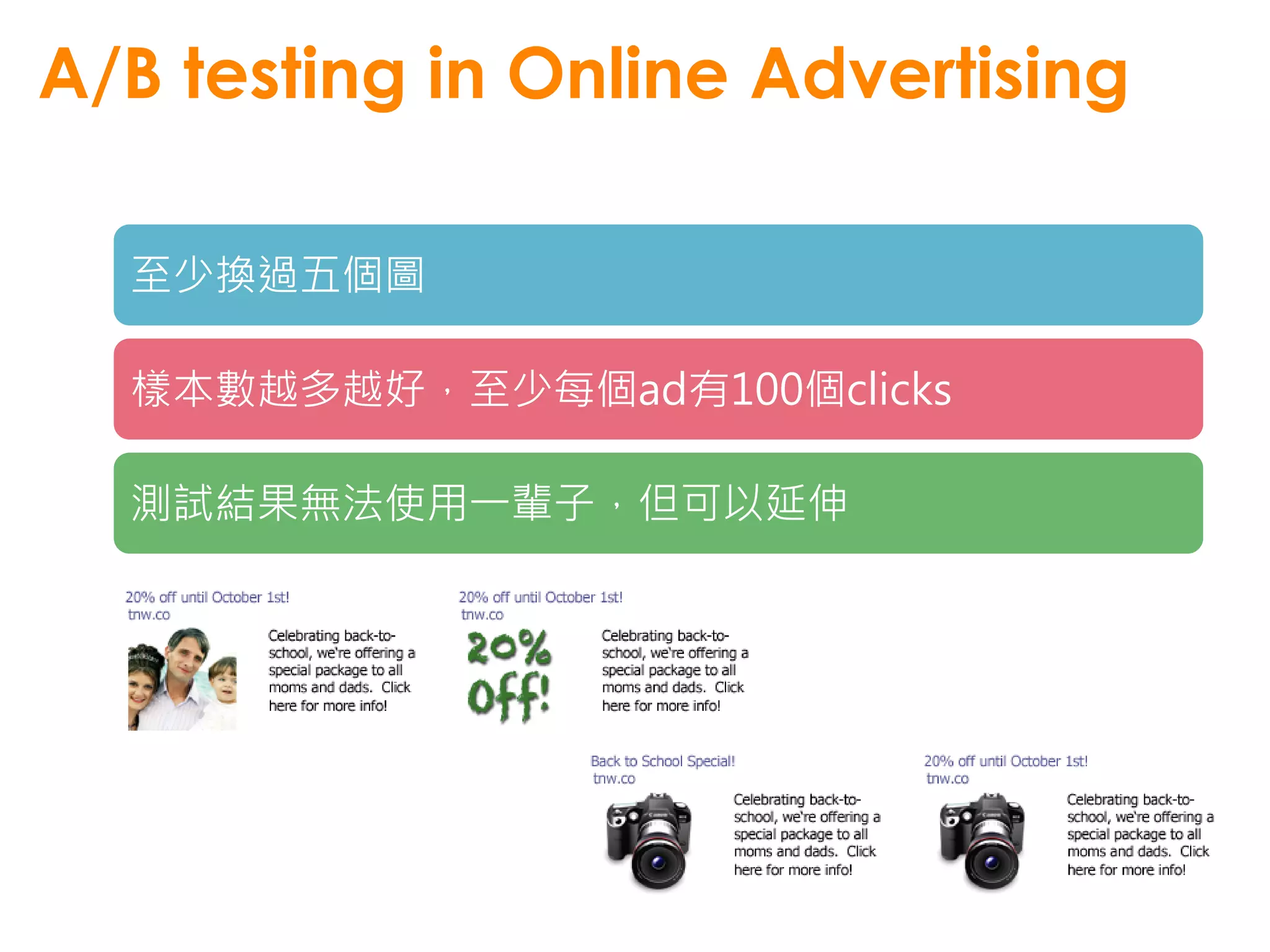A/B testing in Online Advertising

  至少換過五個圖

  樣本數越多越好，至少每個ad有100個clicks

  測試結果無法使用一輩子，但可以延伸
 