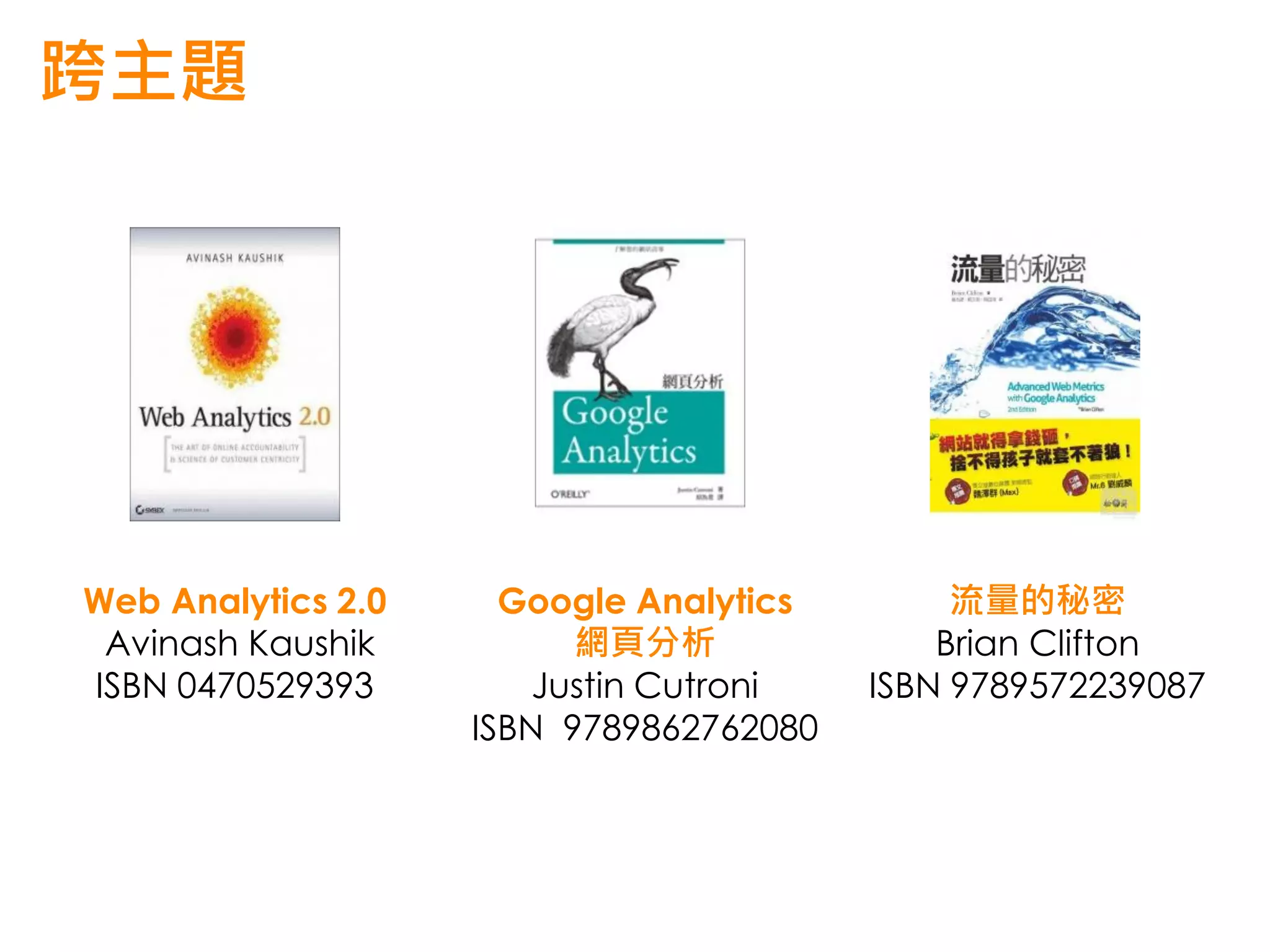 跨主題




Web Analytics 2.0     Google Analytics        流量的秘密
 Avinash Kaushik          網頁分析               Brian Clifton
ISBN 0470529393         Justin Cutroni   ISBN 9789572239087
                    ISBN 9789862762080
 