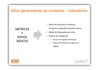 Sitios generadores de contactos - Indicadores


                    •  RaAo	
  de	
  conversión	
  a	
  contacto:	
  	
  
                        Contactos	
  realizados/visitantes	
  únicos.	
  
  MÉTRICAS	
  
                    •  Media	
  de	
  búsquedas	
  por	
  visita	
  
     Y	
  
                    •  Análisis	
  de	
  navegación	
  
   RATIOS	
  
                           •  Proceso	
  de	
  registro	
  (embudos)	
  
  BÁSICOS	
                •  RaAos	
  de	
  abandono	
  en	
  páginas	
  de	
  	
  
                               llegada	
  
 