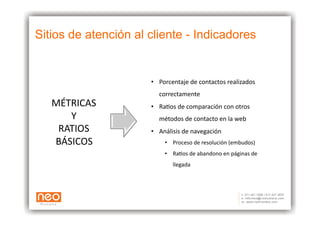 Sitios de atención al cliente - Indicadores


                      •  Porcentaje	
  de	
  contactos	
  realizados	
  	
  
                          correctamente	
  	
  
   MÉTRICAS	
         •  RaAos	
  de	
  comparación	
  con	
  otros	
  	
  
      Y	
                 métodos	
  de	
  contacto	
  en	
  la	
  web	
  
    RATIOS	
          •  Análisis	
  de	
  navegación	
  
   BÁSICOS	
                 •  Proceso	
  de	
  resolución	
  (embudos)	
  
                             •  RaAos	
  de	
  abandono	
  en	
  páginas	
  de	
  	
  
                                 llegada	
  
 