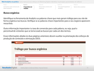 21
Busca orgânica
Identifique na ferramenta de Analytics as palavras chave que mais geram tráfego para seu site de
forma orgânica nas buscas. Veriﬁque se as palavras chave importantes para o seu negócio aparecem
nessa lista.
Outra informação importante é a taxa de conversão para cada palavra, ou seja, qual o
percentual de visitantes que se torna Lead ao buscar por cada um dos termos.
Essas informações aliadas às duas páginas anteriores devem auxiliar na priorização dos esforços de
produção de conteúdo e otimização (SEO).
Web Analytics na prática Como mensurar seus esforços em Marketing Digital e Identificar as principais oportunidades de melhoria
Parte II
O que deve ser
medido
Parte III
Os termos mais comuns em
Web Analytics
Parte I Parte IV
Erros mais comuns em
métricas
Parte V
Com que frequência
analisar
Quem deve analisar
Marketing Digital de resultado para Médias e Pequenas Empresas
 