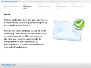 24
Email
Há uma parte dos emails em que sua empresa
não tem muito controle: quando uma pessoa
recomenda seu site à outra.
No entanto, se sua empresa faz uso de email
marketing, deve olhar mais atentamente para
os relatórios de envio. Não é só a taxa de
abertura que importa: a quantidade de
cliques também deve ser medida e,
principalmente, as conversões no objetivo
esperado de cada envio.
Web Analytics na prática Como mensurar seus esforços em Marketing Digital e Identificar as principais oportunidades de melhoria
Parte II
O que deve ser
medido
Parte III
Os termos mais comuns em
Web Analytics
Parte I Parte IV
Erros mais comuns em
métricas
Parte V
Com que frequência
analisar
Quem deve analisar
Marketing Digital de resultado para Médias e Pequenas Empresas
 