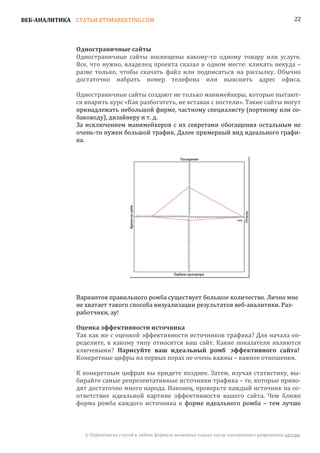 ВЕБ-АНАЛИТИКА СТАТЬИ BTSMARKETING.COM                                                                  22




               Одностраничные сайты посвящены какому-то одному товару или услуге.
               Одностраничные сайты

               Все, что нужно, владелец проекта сказал в одном месте: кликать некуда –
               разве только, чтобы скачать файл или подписаться на рассылку. Обычно
               достаточно набрать номер телефона или выяснить адрес офиса.

               Одностраничные сайты создают не только манимейкеры, которые пытают-
               ся впарить курс «Как разбогатеть, не вставая с постели». Такие сайты могут
               принадлежать небольшой фирме, частному специалисту (портному или со-
               баководу), дизайнеру и т. д.
               За исключением манимейкеров с их секретами обогащения остальным не
               очень-то нужен большой трафик. Далее примерный вид идеального графи-
               ка.




               Вариантов правильного ромба существует большое количество. Лично мне
               не хватает такого способа визуализации результатов веб-аналитики. Раз-
               работчики, ау!


               Так как же с оценкой эффективности источников трафика? Для начала оп-
               Оценка эффективности источника

               ределите, к какому типу относится ваш сайт. Какие показатели являются
               ключевыми? Нарисуйте ваш идеальный ромб эффективного сайта!
               Конкретные цифры на первых порах не очень важны – важнее отношения.

               К конкретным цифрам вы придете позднее. Затем, изучая статистику, вы-
               бирайте самые репрезентативные источники трафика – те, которые приво-
               дят достаточно много народа. Наконец, проверьте каждый источник на со-
               ответствие идеальной картине эффективности вашего сайта. Чем ближе
               форма ромба каждого источника к форме идеального ромба – тем лучше



                 © Перепечатка статей в любом формате возможна только после письменного разрешения автора.
 