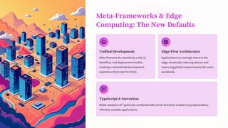 Meta-Frameworks & Edge
Computing: The New Defaults
Unified Development
Meta-frameworks seamlessly unify UI,
data flow, and deployment models,
creating a streamlined development
experience from start to finish.
Edge-First Architecture
Applications increasingly move to the
edge, drastically reducing latency and
improving global responsiveness for users
worldwide.
TypeScript & Serverless
Wider adoption of TypeScript combined with server functions enables truly backendless,
infinitely scalable applications.
 