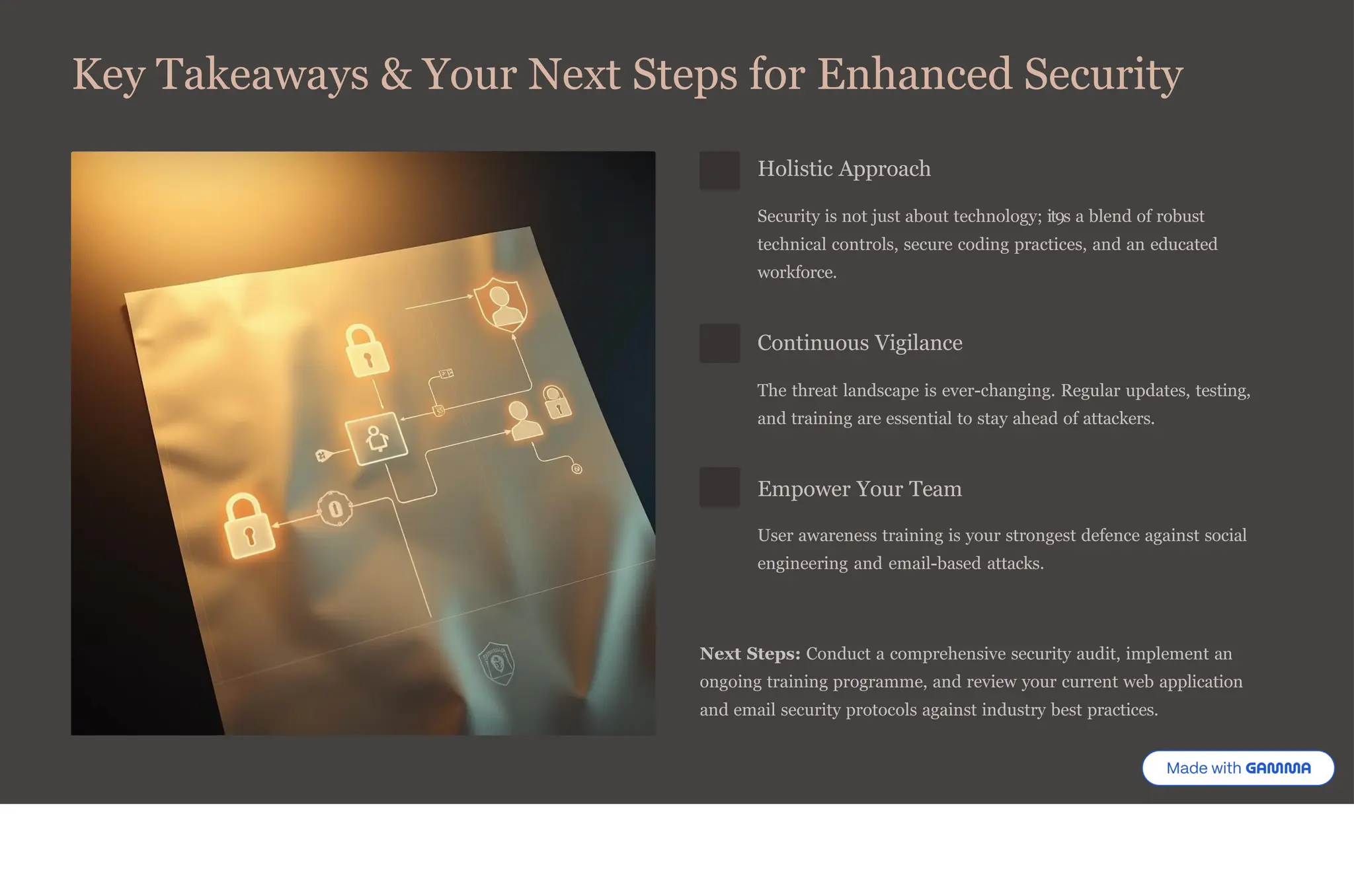 Key Takeaways & Your Next Steps for Enhanced Security
Holistic Approach
Security is not just about technology; it9s a blend of robust
technical controls, secure coding practices, and an educated
workforce.
Continuous Vigilance
The threat landscape is ever-changing. Regular updates, testing,
and training are essential to stay ahead of attackers.
Empower Your Team
User awareness training is your strongest defence against social
engineering and email-based attacks.
Next Steps: Conduct a comprehensive security audit, implement an
ongoing training programme, and review your current web application
and email security protocols against industry best practices.
 